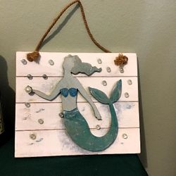 Beach , Coastal & Mermaid wood sign weathered appearance 3-D decor with bubbles rope hanging