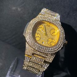 Yellow Gold Stainless Steel Water, Resistant Heavy Lab Diamond Watch New