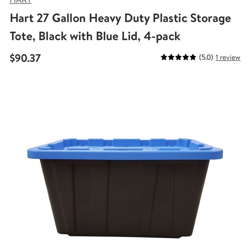 Hart 27 Gallon Heavy Duty Plastic Storage Tote, Black with Blue Lid, Set of  4