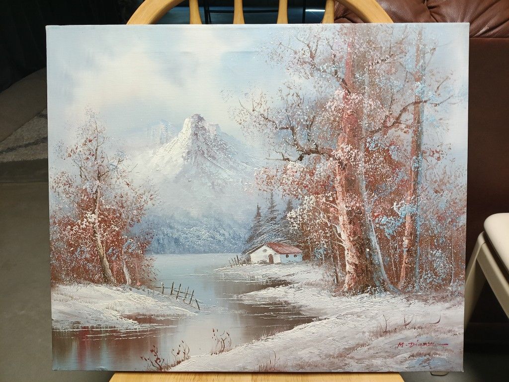 Beautiful Painting Framed Cabin On Frozen Lake In Mountains By M Dianne 24" X 20"