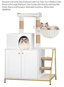 Cat Litter Box Enclosure with Cat Tree, 4-in-1 Modern Cats House with Large Platform