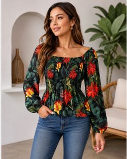 091 | Tropical Floral Smocked Peplum Blouse