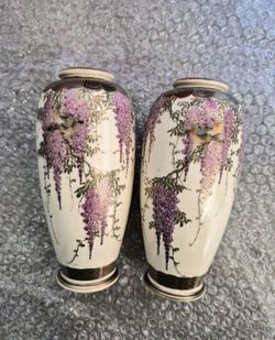 Pair of Japanese Satsuma Vases with Wisteria and Birds