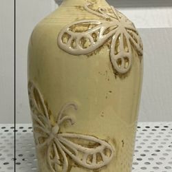 Small Shabby Tan Butterfly Embossed Fire Glazed Clay Vase