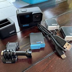 GoPro Hero 10 with 3 batteries, charger, mount and cable