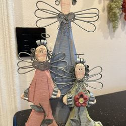 Rustic Whimsical Folk Art Style Wooden Angel Figurines with wire wigs 14”
