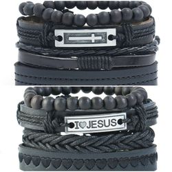 2 x Set Adjust. Size up to 9.5inc Leather Bracelet, (Cross_2-I__Jesus)