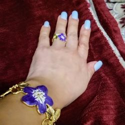 A Bangle Bracelet and Ring Purple Flower Design Adjustable for Perfect Fit Women's Fashion Jewelry