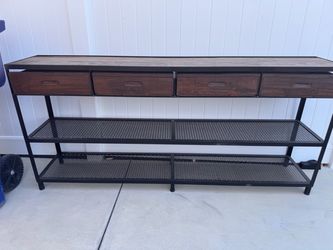 Industrial Metal console table with Two Shelves willing to trade for a wine barrel