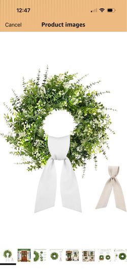 26 Inch Large Artificial Boxwood Wreaths for Front Door All Season, Eucalyptus Wreath with 2 Sashes, Baby's Breath and Flower Buds, Summer Farmhouse G