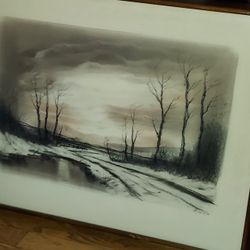 Set of (4) Orig HAND DRAWN Charcoal Landscapes by Listed Artist