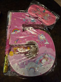 Unicorn Birthday Decorations, Unicorn Number 5 Pinata, Pink & Gold Foil Piñata with Blindfold Stick Confetti