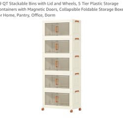 39 QT Stackable Bins with Lid and Wheels, 5 Tier Plastic Storage Containers with Magnetic Doors, Collapsible Foldable Storage Boxes for Home, Pantry, 
