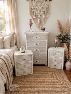 Warm Ivory Wicker Bedroom Set, 5-Drawer Dresser + Nightstand Pair, $395 for the Set!