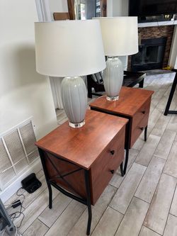 Pair of Wood and Metal Nightstands w/ Lamps