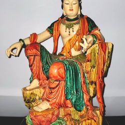 Guanyin Porcelain Statue • Zen Asian Decor • Meditation Yoga Room Figurine • Colorful Vintage Ceramic • Serene Spiritual Home Decor