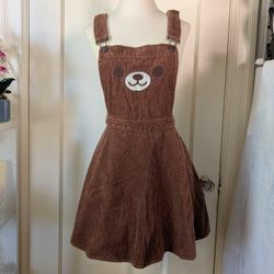 Brown Teddy Bear Corduroy Overalls Skirt with Pockets Size Medium