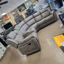 Tan / Brown Sectional Recliner With 3 Recliners 