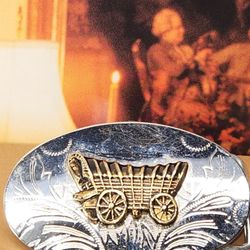 #1909, VINTAGE CANESTOGA WAGON BELT BUCKLE, NEW ENAMEL PIECE
