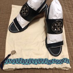 TORY BURCH Leather Dark Navy Blue Block Heel Sandal