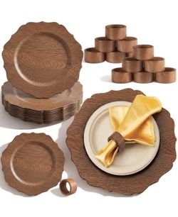 Havawish 12 Set 13" Rustic Brown Wooden Textured Acrylic Charger Plates With 12 Pcs Handmade Acacia Wood Napkin Ring, Farmhouse Round Charger With Sca