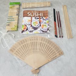 "Simply Sushi" Instructional Book With Accessories, Chopsticks With Beautiful Decorative Patterns, Rolling Bamboo Mats & Wooden Decorative Hand Fan!