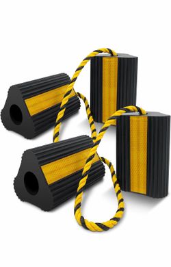 Wheel Chocks (2pair/4pack with Rope) for RV Trailer Camper Truck Car Aircraft, Versatile Heavy Duty Rubber Wheel Chocks Block with 3 Reflective Strips