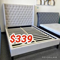 BEIGE Wing Back Fabric Platform Bed - EASTERN KING