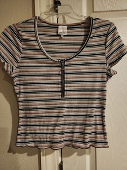 Womens pink, black and white striped short sleeve top