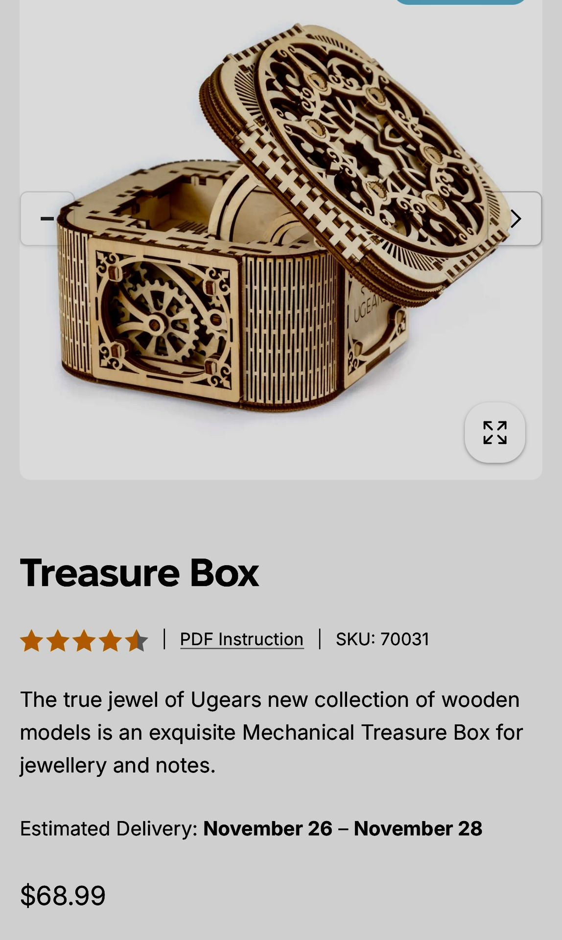 UGEARS Wooden Mechanical Collectors Model- Treasure Box