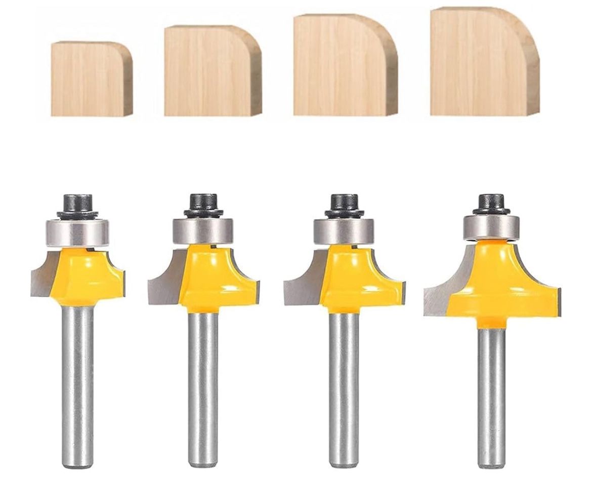 Roundover Router Bit Set,4pcs Router bit Set,1/4 inch Shank,Radius in 1/2", 3/8", 1/4", 5/8",Bearing Guide for Rounding Edge bit Roundover Router Bit