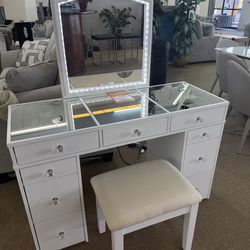 White Vanity Table with LED Mirror Free Chair