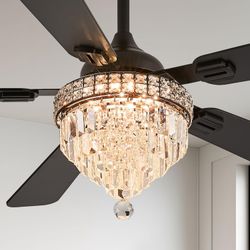 Crystal Chandelier Ceiling Fan with Lights and Remote, Black 2