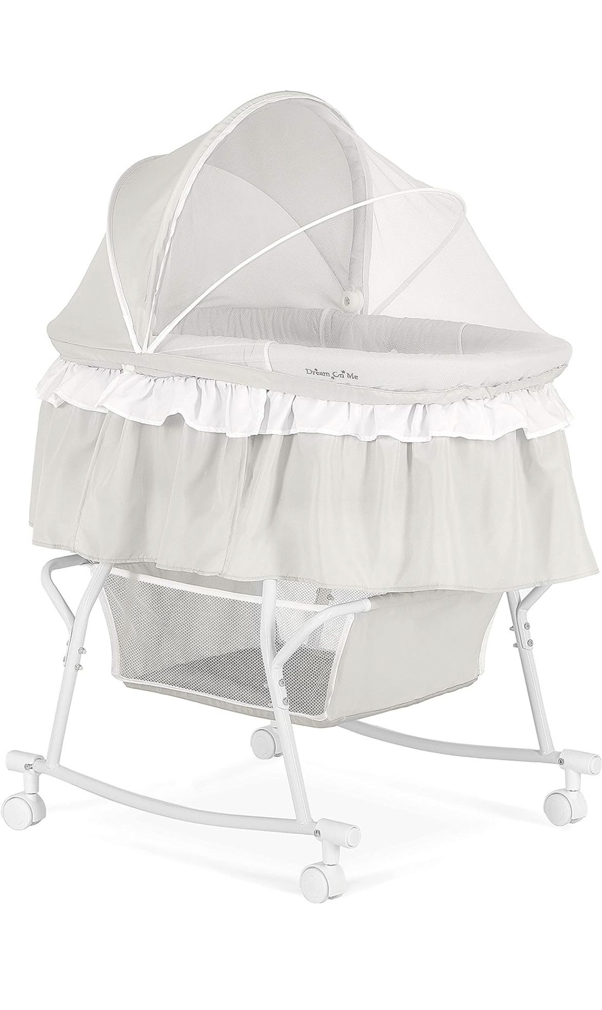 Dream On Me Lacy Portable 2-in-1 Bassinet & Cradle in Light Grey, Lightweight Baby Bassinet with Storage Basket, Adjustable and Removable Canopy