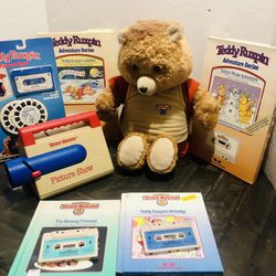 Vintage Large Teddy Ruxpin Bear and Tape Bundle  Teddy Reads BUT the eye and mouth mechanism is not working Easy Fix for a handy man.  New Tapes and B