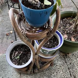 Bamboo Plant Stand And Two Pots, Top Pot Doesn’t Go.