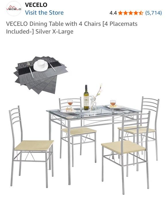 Vecelo Glass Dining Table + 4 Chairs