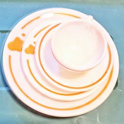 Pyrex Corning glass blower mark early mid century white milk glass restaurant ware dinnerware orange band w blob