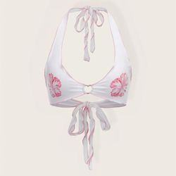 White Pink Floral Silver Rhinestone Heart Ring Backless Knot Halter Top - Small