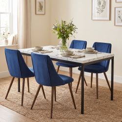 Homy Casa CAJON 150+SMEG 5-Piece Dining Set 59" White Marble Dining Table with 4 Dark Blue Upholstered Chairs Open Box