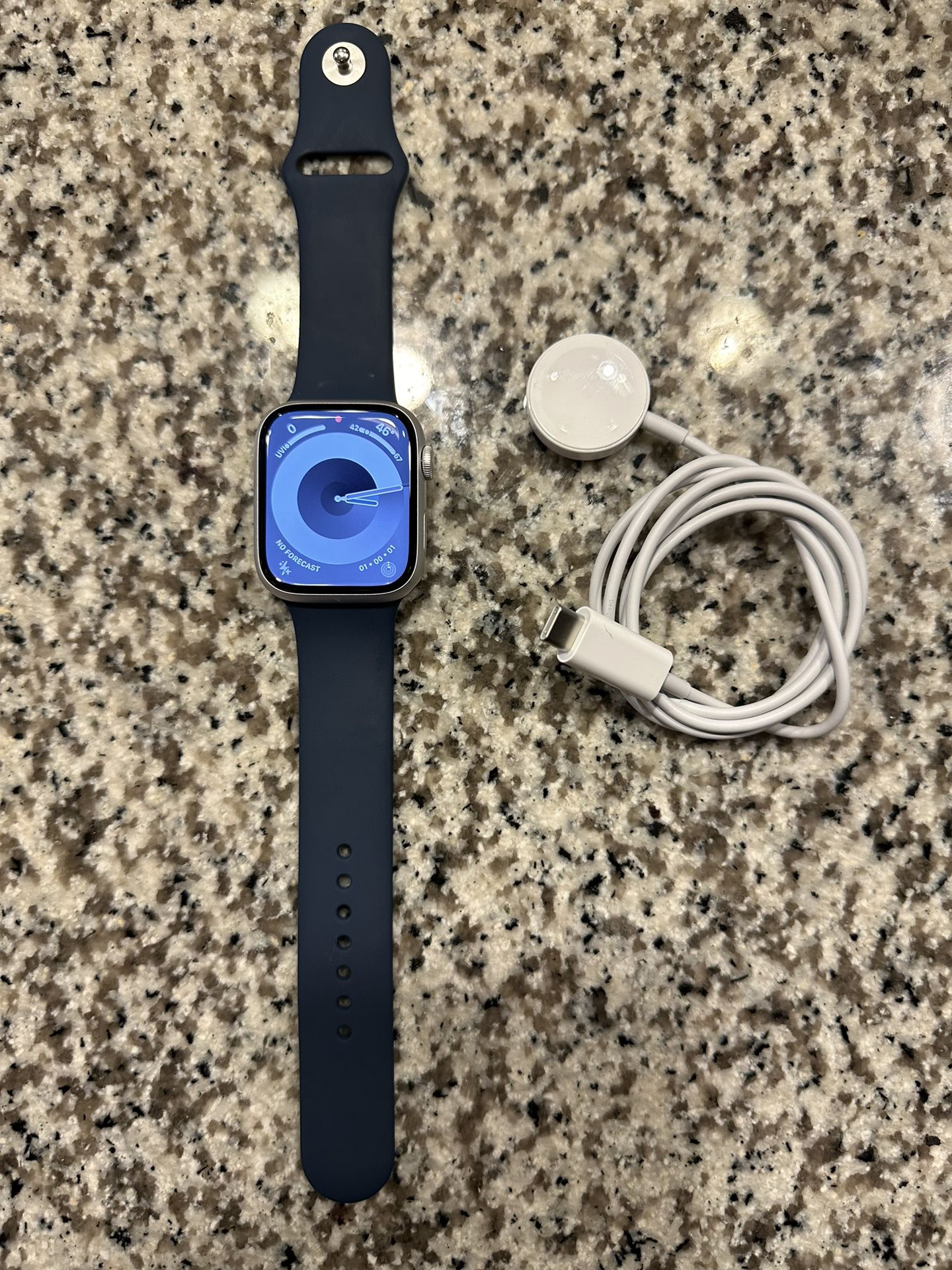 Brand New Apple Watch Series 9 Gps 45mm Aluminum Silver Case With Storm Blue Sport Band - M/L-  Apple Warranty 