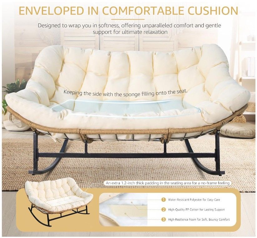 Outdoor Double Egg Rocking Chair, Oversized 2 Person Wide Papasan Rocker, Comfy Padded Recliner Loveseat, 700 lbs Big Glider Lounge Chairs with Cushio