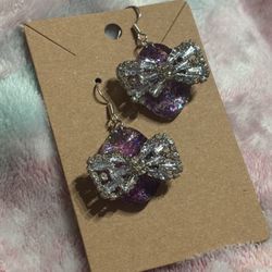 Purple Ovals with Silver CZ Bow Earrings