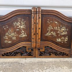 Pair 1920 Collectible Antique Chinese Bovine Bone Inlaid Rosewood Carved Table Screen Ancient Tales Story Depicting