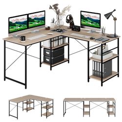 Costway 95" Convertible L-shaped Corner Computer Desk 2-Person Long Desk Shelves Natural