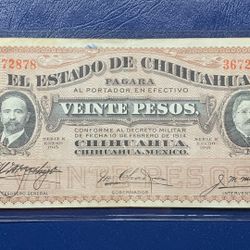1914 State of Chihuahua 20 Pesos Mexican Banknote