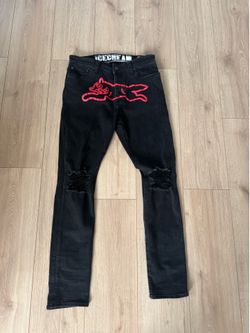 BBC Ice Cream Black Jeans w/ Red Running Dog Graphic Distressed Slim Fit