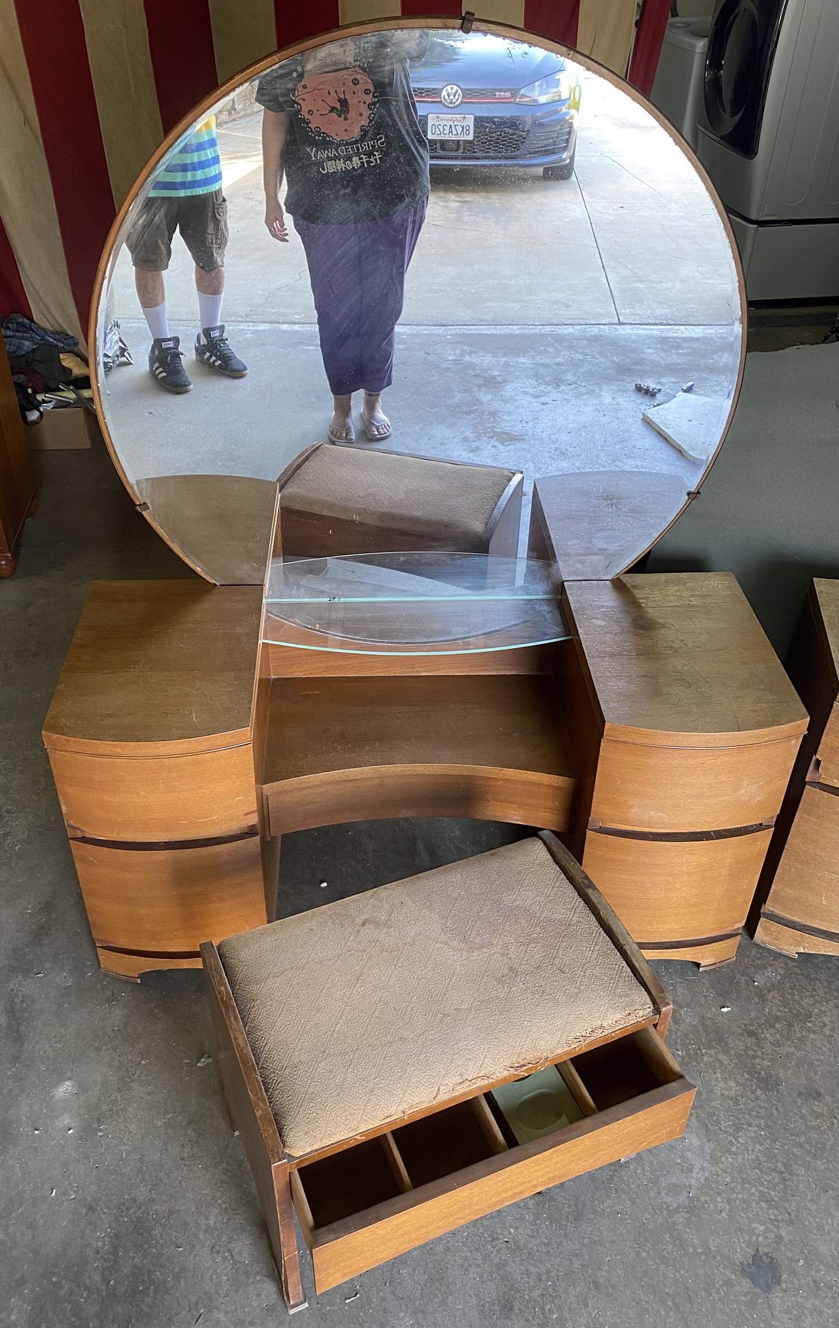 Mid Century Vintage Vanity Table Set with Stool and Night Stand