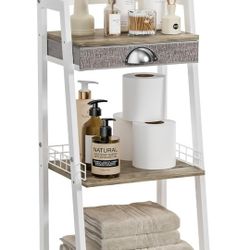 NEW 3-Tier Small Bathroom Shelves with Drawer Floor Storage Shelf Small Bathroom Stand Rack, Freestanding Ladder Shelf for Living Room Bedroom, White