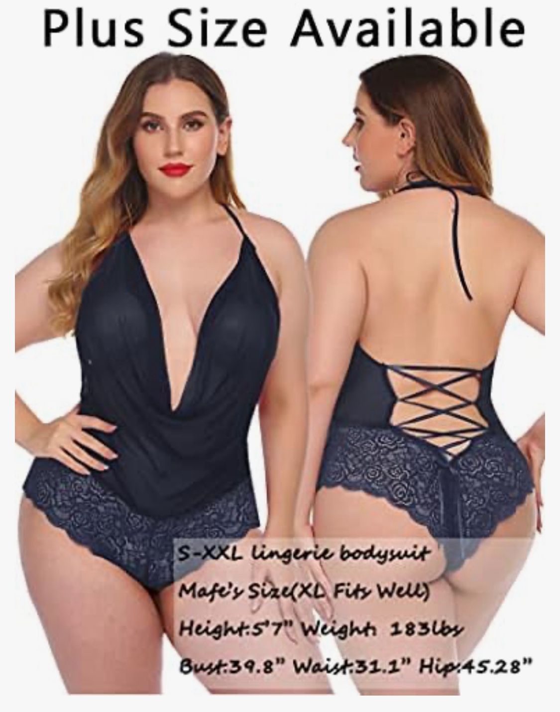 Plus Size Black Halter Neck Lace Babydoll One Piece Bodysuit